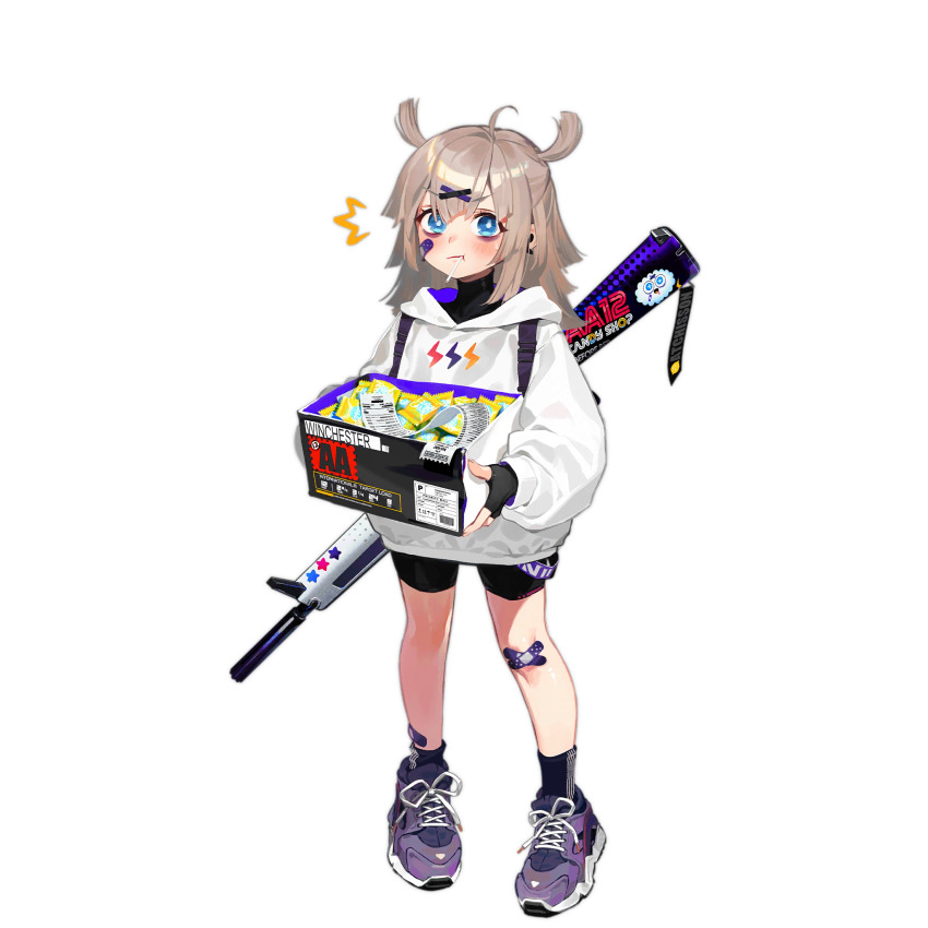 1girl ^^^ aa-12 aa-12_(candy_wrapper_story)_(girls&#039;_frontline) aa-12_(girls&#039;_frontline) aged_down ahoge automatic_shotgun bags_under_eyes bandaid bandaid_on_knee bandaid_on_leg bike_shorts black_gloves black_shirt black_shorts black_socks blue_eyes blush box candy combat_shotgun company_name fingerless_gloves food food_in_mouth full_body girls&#039;_frontline gloves gun gun_decal hair_between_eyes hair_ornament highres holding holding_box hood hood_down hoodie kishimen_hair light_brown_hair lightning_bolt_symbol lollipop long_sleeves looking_at_viewer medium_hair official_alternate_costume official_art purple_shoes receipt shirt shoes shorts shotgun silverwing simple_background sneakers socks solo star_(symbol) striped_clothes striped_socks sweatdrop third-party_source transparent_background turtleneck turtleneck_shirt two-sided_hoodie two_side_up vertical-striped_clothes vertical-striped_socks weapon white_hoodie winchester_repeating_arms_company wrapped_candy x_hair_ornament