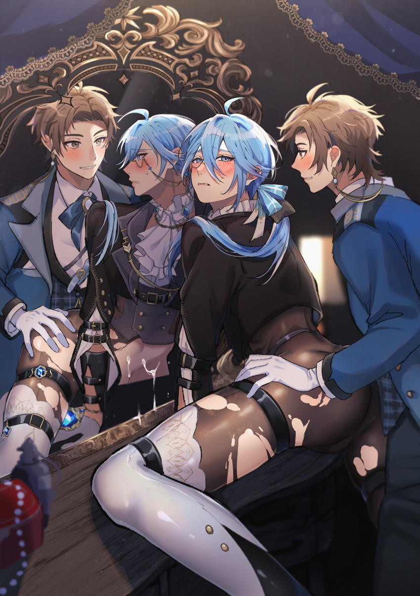 2boys absurdres ahoge arm_support ascot ass belt bishounen blue_bow blue_eyes blue_gemstone blue_hair blush bow brown_eyes brown_hair earrings edmond_(nu_carnival) eiden_(nu_carnival) embarrassed eyelashes gem gloves hair_between_eyes highres holding jewelry leg_up long_hair long_sleeves looking_at_viewer looking_back low_ponytail male_focus mirror multiple_boys nu_417 nu_carnival pantyhose pink_lips ponytail reflection shiny_clothes shiny_skin short_hair shy skindentation smile suggestive_fluid thigh_belt thigh_strap thighhighs torn_clothes torn_pantyhose white_ascot white_gloves white_thighhighs yaoi