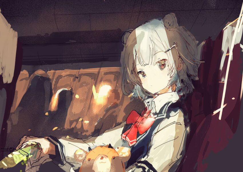1girl 1other airplane_interior ambiguous_gender black_jacket blazer bottle bow bowtie cevio closed_mouth collared_shirt commentary_request crack_of_light double_bun faceless from_side green_tea grey_eyes grey_hair hair_bun hair_ornament hairclip highres holding holding_bottle jacket kabuyama_kaigi koharu_rikka lakiston long_sleeves looking_at_viewer looking_to_the_side multicolored_jacket red_bow red_bowtie school_uniform shirt short_hair sitting solo_focus stuffed_animal stuffed_toy synthesizer_v tea teddy_bear two-tone_jacket upper_body white_sleeves