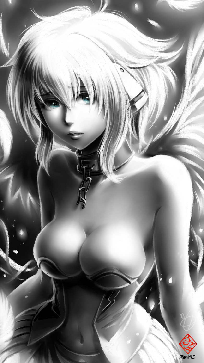 1girl absurdres bad_id bad_pixiv_id bare_shoulders blue_eyes breasts cleavage collarbone female_focus greyscale highres ikaros kanchiyo looking_at_viewer medium_breasts monochrome navel parted_lips signature solo sora_no_otoshimono
