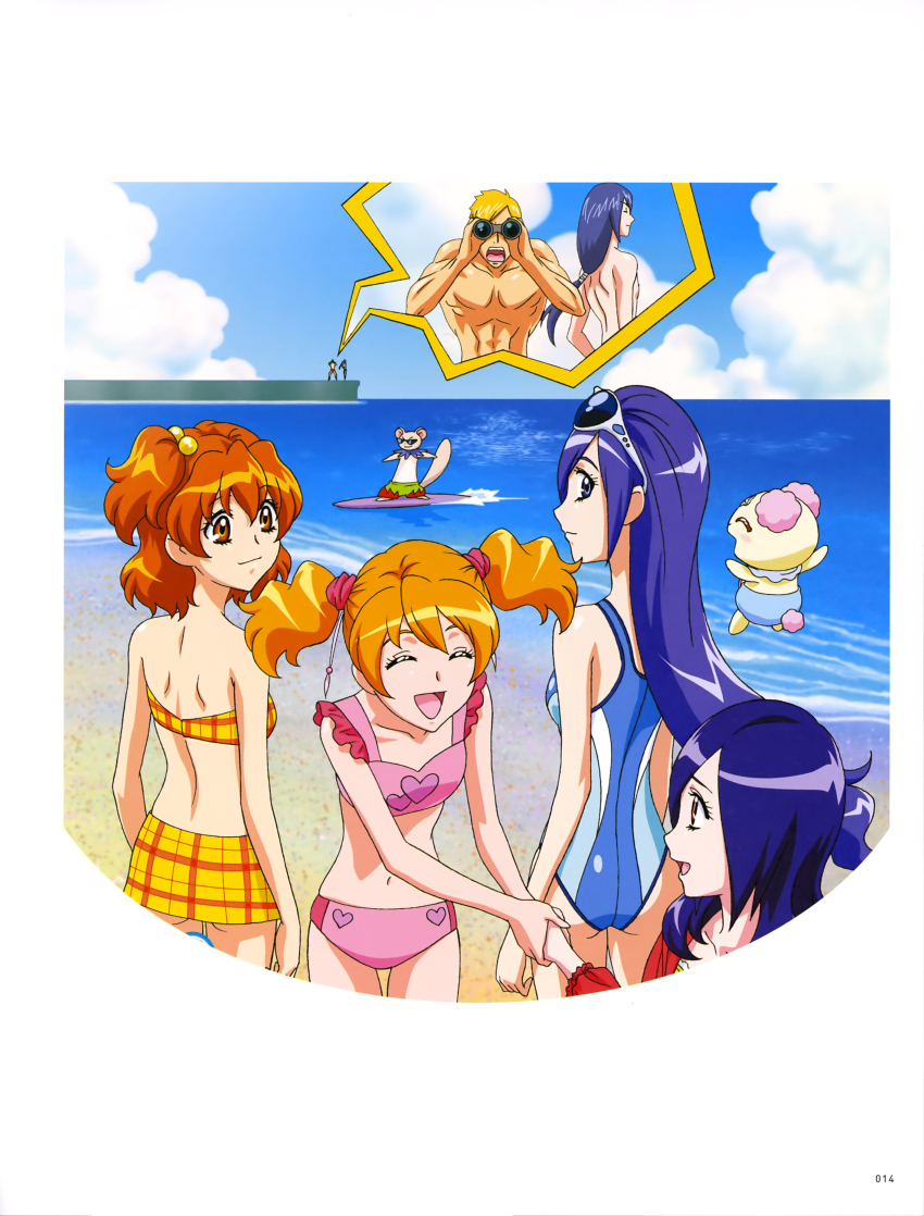 00s 2boys 4girls abs absurdres aono_miki ass beach bikini bikini_skirt binoculars blonde_hair blue_eyes blue_hair blue_sky brown_eyes brown_hair chiffon_(fresh_precure!) cloud competition_swimsuit closed_eyes fresh_precure! glasses heart heart_print higashi_setsuna highres long_hair minami_shun momozono_love multiple_boys multiple_girls nishi_hayato ocean official_art one-piece_swimsuit open_mouth ponytail precure purple_hair red_eyes sand short_hair short_twintails side_ponytail smile souler souler_(fresh_precure!) sunglasses surfboard swimsuit tart_(fresh_precure!) water wester wester_(fresh_precure!) yamabuki_inori