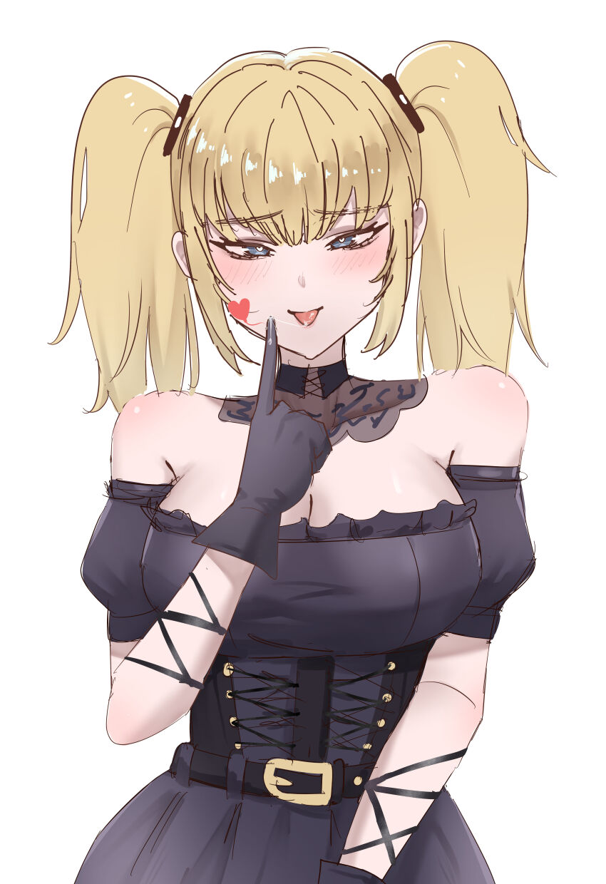 1girl absurdres ani_(xai) bare_shoulders black_dress black_gloves blonde_hair blue_eyes blush breasts dress gloves heart heart-shaped_pupils highres large_breasts looking_at_viewer rayyapen saliva saliva_on_hand saliva_trail solo symbol-shaped_pupils tongue tongue_out twintails twitter white_background xai_(company)
