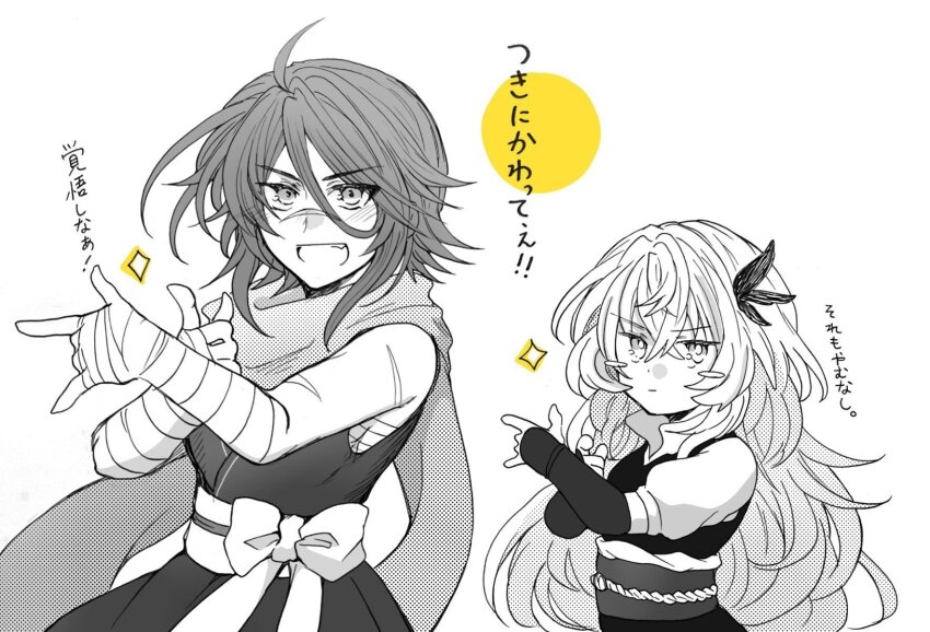 2girls ahoge bandaged_arm bandages blush_stickers chest_sarashi fate/grand_order fate_(series) feather_hair_ornament feathers greyscale hair_ornament highres long_hair m/ monochrome multiple_girls obi saika_magoichi_(fate) sarashi sash scar scar_on_arm scar_on_face scar_on_nose scarf siiika6 sugitani_zenjubou_(fate) tsuki_ni_kawatte_oshioki_yo