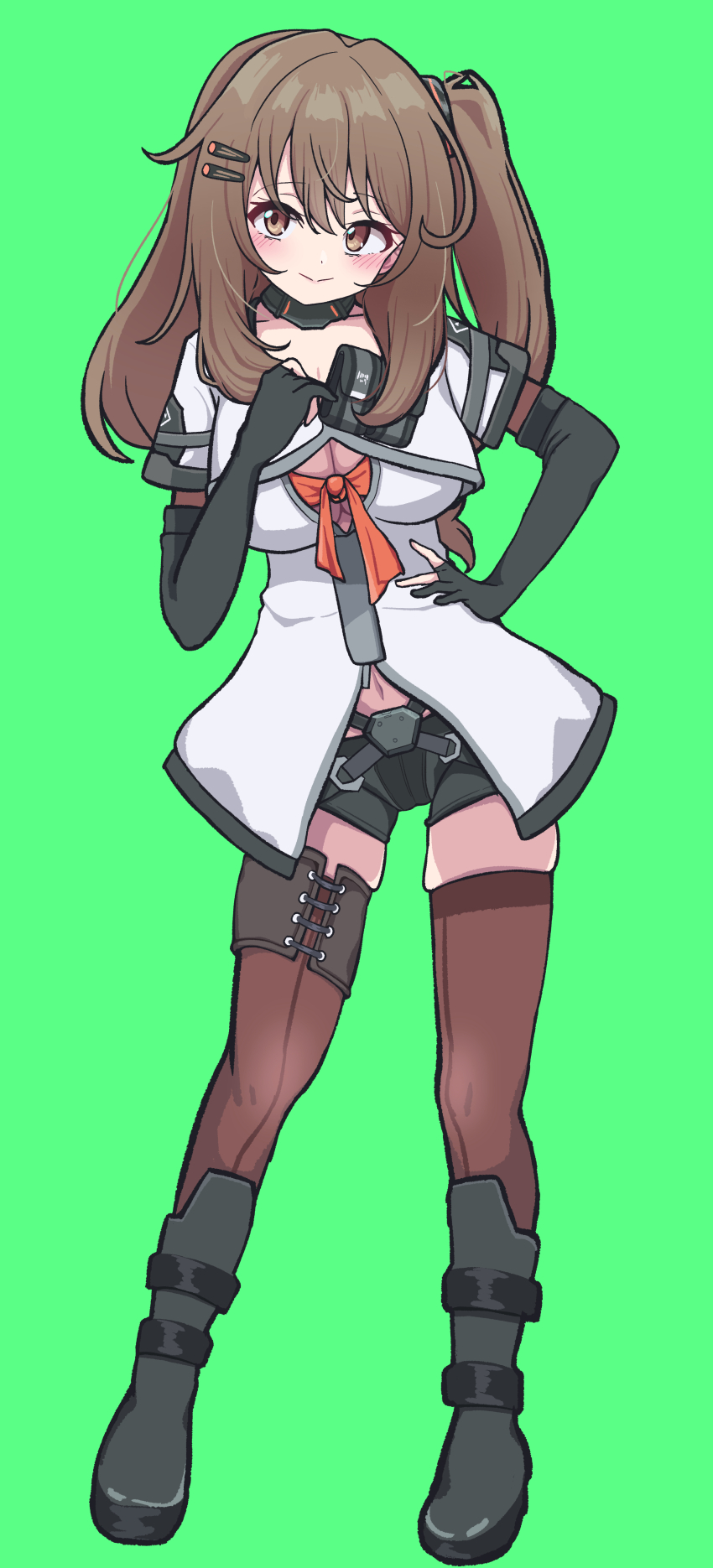 1girl absurdres black_boots black_gloves boots breasts brown_eyes brown_hair brown_thighhighs elbow_gloves girls&#039;_frontline girls&#039;_frontline_2:_exilium gloves green_background grey_shorts highres k2_(girls&#039;_frontline) large_breasts panatisia shirt short_shorts shorts side_ponytail simple_background solo thighhighs thighs white_shirt yoohee_(girls&#039;_frontline_2)