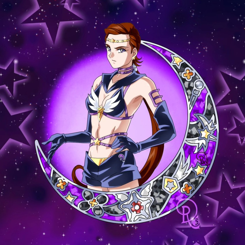 1girl bishoujo_senshi_sailor_moon bishoujo_senshi_sailor_moon_stars black_gloves black_sailor_collar black_shorts breasts brown_hair choker circlet commentary cowboy_shot crescent drachea_rannak earrings elbow_gloves english_commentary gloves groin hand_on_own_hip highres jewelry long_hair medium_breasts navel ponytail purple_choker purple_eyes sailor_collar sailor_star_maker shorts solo star_(sky) star_(symbol) star_earrings starry_background taiki_kou very_long_hair watermark