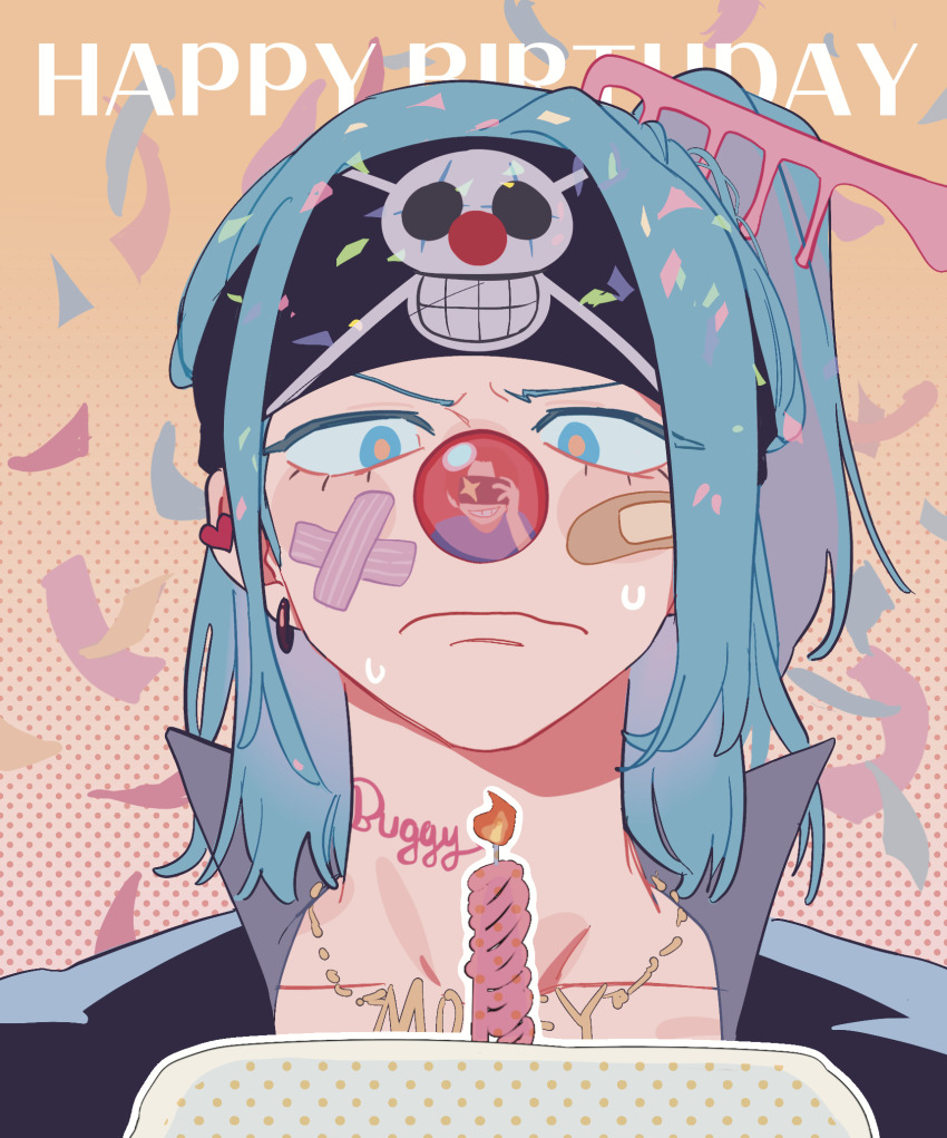 2boys bandaid bandaid_on_cheek bandaid_on_face birthday_cake black_shirt blue_eyes blue_hair buggy_the_clown cake candle chinese_commentary closed_mouth clown_nose collarbone commentary_request confetti earrings english_text fire food frown galiguomin grin happy_birthday headband highres holding holding_phone jewelry jolly_roger looking_down lower_eyelashes_only male_focus multiple_boys necklace nervous_sweating one_piece phone ponytail popped_collar reflection shanks_(one_piece) shirt smile solo_focus sweat taking_picture teeth upper_body