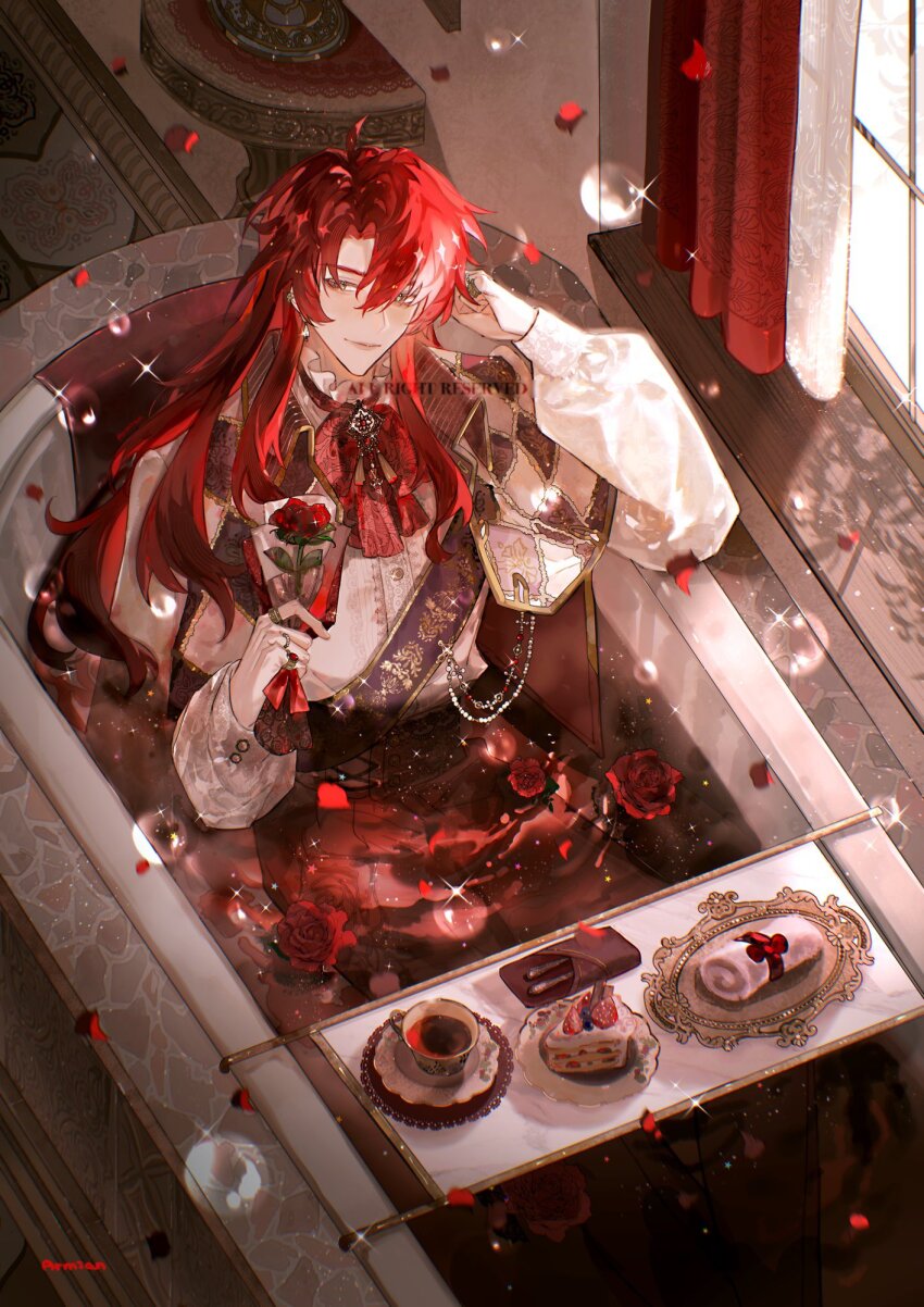 1boy alternate_costume argenti_(honkai:_star_rail) argyle_capelet argyle_clothes armian ascot bathtub bathtub_tray black_pants bow bowtie brooch bubble cake cake_slice capelet closed_mouth collared_capelet commentary cup curtains doily earrings english_commentary falling_petals flower flower_on_liquid food frilled_shirt_collar frills green_eyes hair_between_eyes hand_up high-waist_pants highres holding holding_flower honkai:_star_rail honkai_(series) in_bathtub indoors jewelry light_particles lips long_hair long_sleeves looking_at_viewer male_focus multiple_rings muntins napkin pants partially_submerged petals plate puffy_long_sleeves puffy_sleeves red_ascot red_bow red_bowtie red_flower red_hair red_rose red_theme ring rose sash saucer shirt shoulder_sash sideways_glance sitting smile solo sparkle strawberry_shortcake sunlight tea teacup towel tray upper_body utensil white_capelet white_shirt window