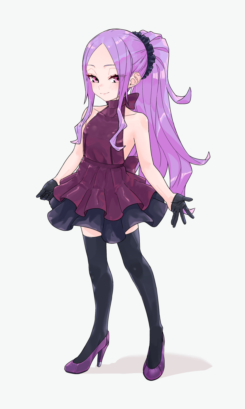1girl absurdres bare_shoulders black_gloves black_thighhighs breasts dress fate/grand_order fate_(series) forehead full_body gloves half_gloves high_heels highres long_hair looking_at_viewer niwaikanai parted_bangs ponytail purple_dress purple_eyes purple_hair sidelocks small_breasts smile solo thighhighs wu_zetian_(fate)