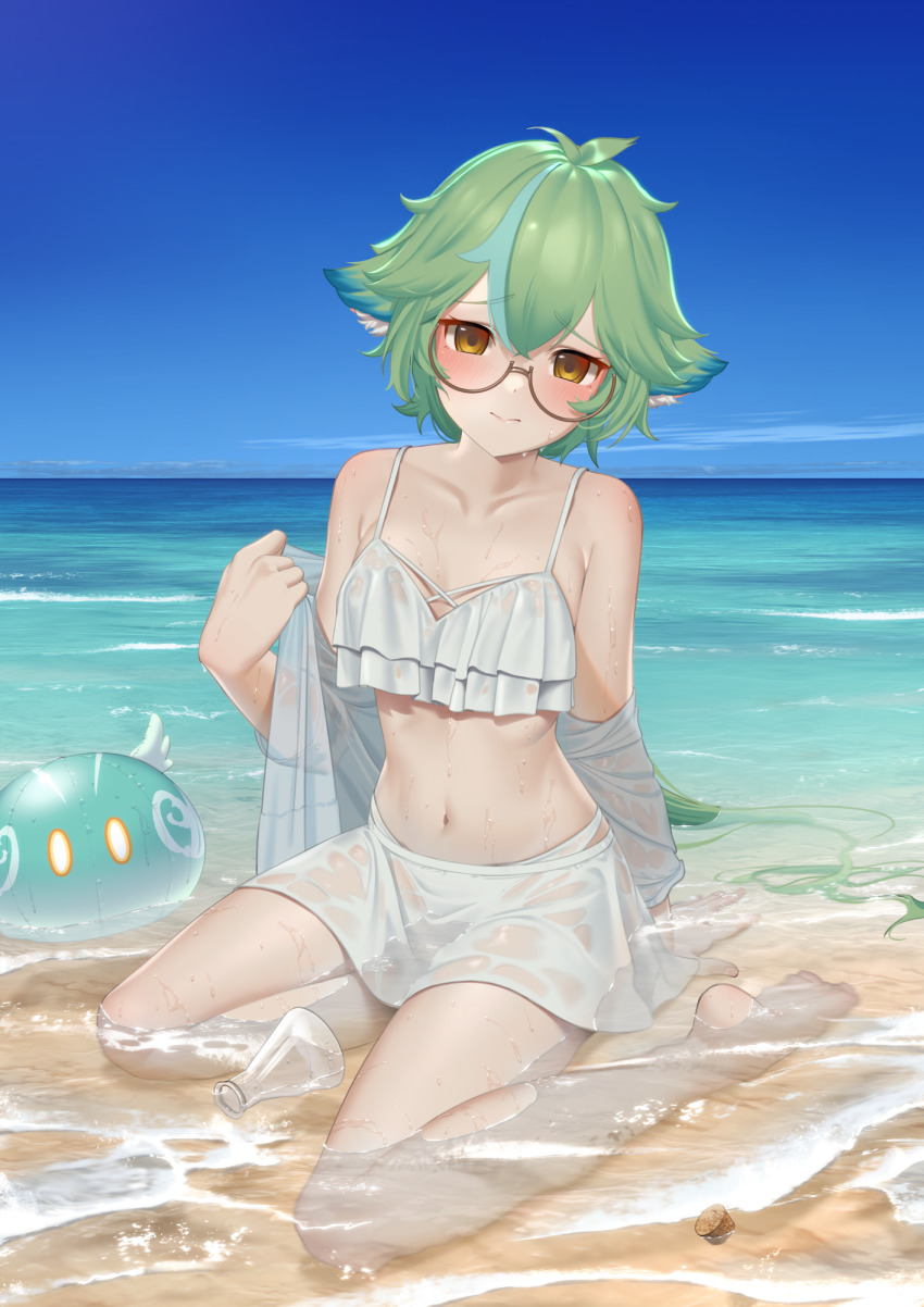 1girl bare_legs bare_shoulders barefoot beach bikini bikini_skirt blue_sky blush bottle breasts brown_eyes closed_mouth commentary_request cork cross-laced_clothes frilled_bikini frills genshin_impact glasses green_hair highres long_hair looking_at_viewer meda multicolored_hair navel ocean off_shoulder outdoors raised_eyebrows see-through_clothes semi-rimless_eyewear shore sitting skirt sky slime_(genshin_impact) small_breasts solo stomach streaked_hair sucrose_(genshin_impact) swimsuit thighs water wet wet_clothes white_bikini white_skirt