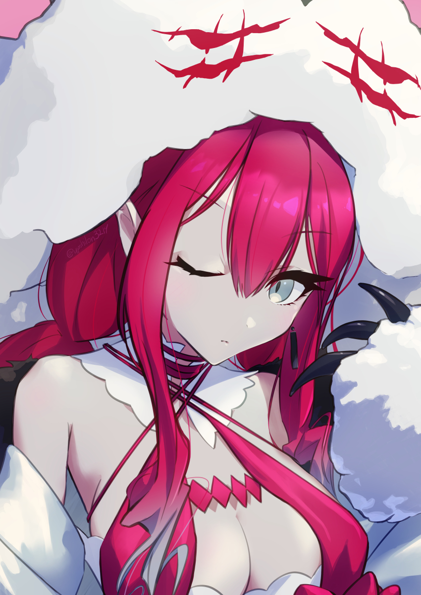 1girl absurdres baobhan_sith_(fate) baobhan_sith_(swimsuit_pretender)_(first_ascension)_(fate) bare_shoulders breasts cernunnos_(fate) cleavage close-up closed_mouth detached_collar earrings fate/grand_order fate_(series) grey_eyes headwear_with_attached_mittens highres jewelry large_breasts looking_at_viewer low_twintails one_eye_closed pink_background pink_hair pointy_ears sidelocks solo twintails upper_body upsilon3219 white_headwear
