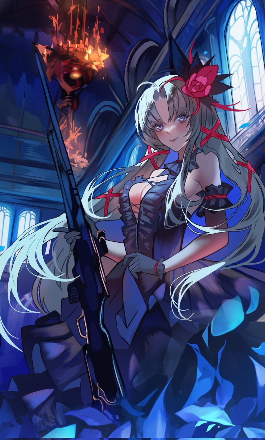 1girl ahoge arm_cuffs armpit_peek bad_id bad_twitter_id bare_shoulders black_dress black_gloves blush breasts carlotta_(wuthering_waves) center_opening chandelier cleavage closed_mouth cowboy_shot dress flower gloves gun hair_flower hair_ornament highres holding holding_gun holding_weapon indoors large_breasts lipstick long_hair long_sidelocks looking_at_viewer makeup multicolored_eyes parted_bangs red_flower rifle sanya_(sanya_lox228) sidelocks smile sniper_rifle solo two-tone_eyes very_long_hair weapon white_hair wuthering_waves x_hair_ornament