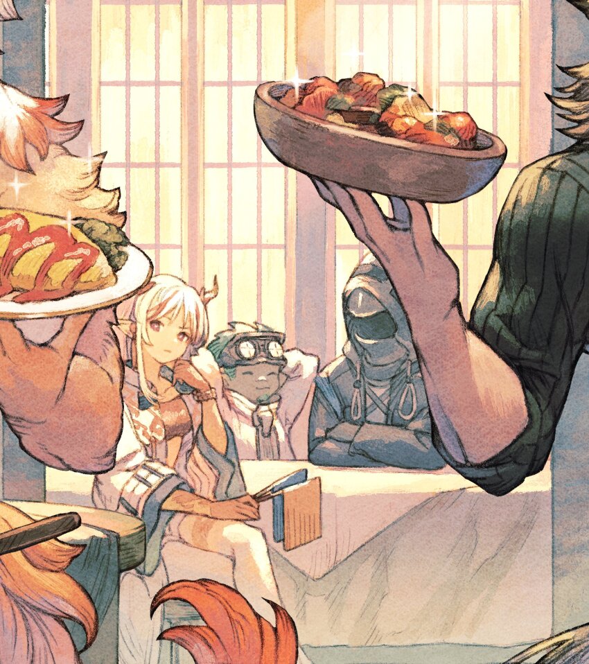 1girl 1other 3boys animal_ears arknights arms_behind_head black_coat blue_hair bowl chameleon_boy closed_eyes coat colored_tips commentary_request cow_boy cow_ears cow_tail crop_top crossed_arms crossed_legs doctor_(arknights) dragon_girl dragon_horns ethan_(arknights) facial_hair flag food goatee goggles goggles_on_head highres holding holding_bowl holding_flag holding_plate hood hooded_coat horns hung_(arknights) jacket komainu_boy komainu_tail looking_at_another maeka_(kumaekake) matterhorn_(arknights) multicolored_hair multiple_boys muscular muscular_male nian_(arknights) official_art omelet omurice oversized_zipper plate pointy_ears red_eyes shirt sitting sleeveless sleeveless_shirt sleeves_rolled_up sparkle spoon table tail utensil white_jacket window wooden_spoon yostar zipper