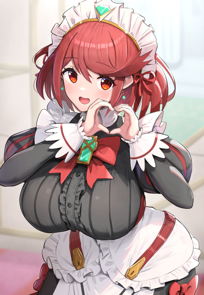 absurdres apron black_dress blush bow bowtie breasts cosplay cowboy_shot dress earrings floating_earrings frills gonzarez heart heart_hands highres huge_breasts jewelry juliet_sleeves long_sleeves looking_at_viewer maid maid_headdress open_mouth poppi_(xenoblade) poppi_qt_(xenoblade) poppi_qt_(xenoblade)_(cosplay) puffy_sleeves pyra_(xenoblade) red_bow red_bowtie red_eyes red_hair short_hair solo swept_bangs tiara white_apron xenoblade_chronicles_(series) xenoblade_chronicles_2