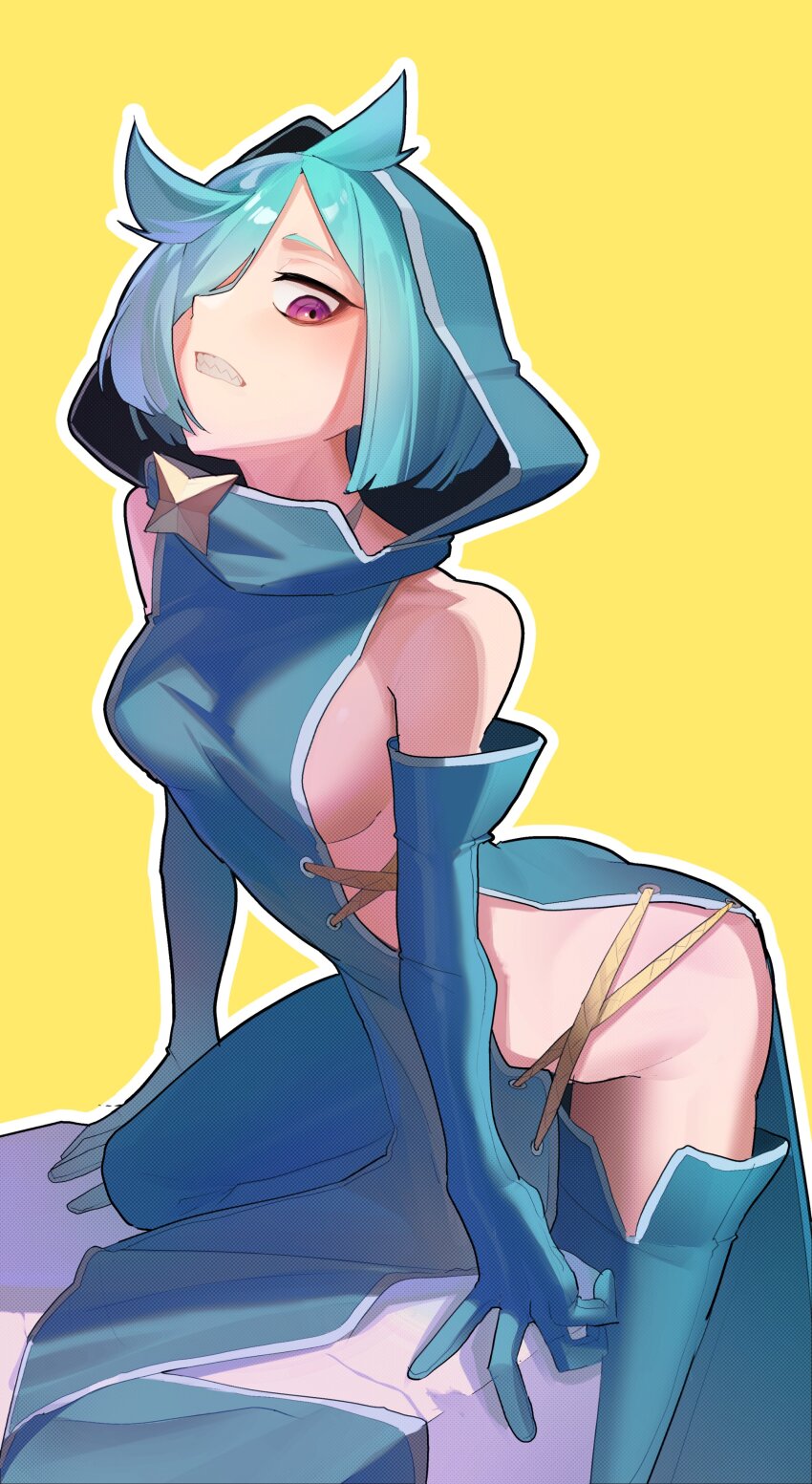 1girl absurdres anemo_nemo aqua_boots aqua_dress aqua_gloves aqua_hair arched_back bare_shoulders boots breasts commentary dress elbow_gloves gloves hair_over_one_eye hakhpu head_tilt highres hood hood_up hooded_dress knee_up leaning_forward leaning_on_object leberblume looking_down mahou_shoujo_ni_akogarete medium_breasts outline pelvic_curtain purple_eyes sharp_teeth sideboob sideless_dress sideless_outfit simple_background solo teeth thigh_boots white_outline yellow_background