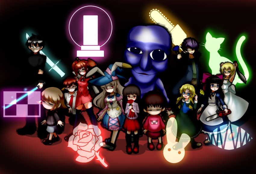 aki_(misao) akito_(misao) ao_oni aya_drevis crossover dress garry_(ib) highres ib_(ib) ib_(kouri) irisu_kyouko irisu_shoukougun! kirisame_ga_furu_mori mad_father madotsuki majo_no_ie mary_(ib) misao multiple_boys multiple_crossover multiple_girls nintendo school_uniform shan_grila skirt suga_koutarou super_smash_bros. tagme the_oni_(ao_oni) urotsuki viola_(majo_no_ie) yume_2kki yume_nikki