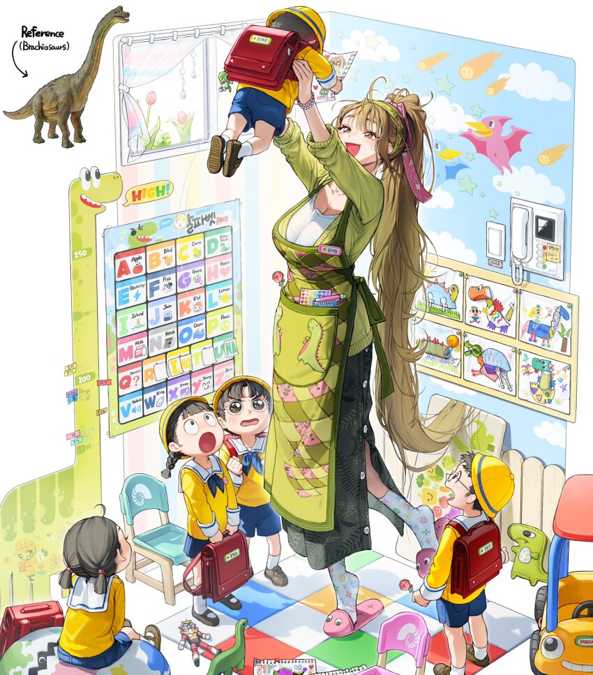 3boys 3girls :d ahoge alphabet apron artist_name awestruck backpack bag blue_shorts blunt_bangs blush bracelet brachiosaurus braid breasts brown_eyes brown_footwear brown_hair candy cardigan chair child classroom collarbone corded_phone dinosaur drawing_(object) eyebrows_hidden_by_hair food full_body glasses googly_eyes green_apron green_cardigan green_hairband green_skirt hair_ribbon hairband hat heart_sticker height_mark high_ponytail highres holding holding_bag indoors jewelry kindergarten kindergarten_uniform large_breasts legs_apart lifting_person lollipop long_hair long_skirt long_sleeves looking_at_another looking_up mary_janes multiple_boys multiple_girls open_mouth original personification phone pink_ribbon pink_slippers ponytail poster_(object) print_socks red_bag reference_inset ribbon rinotuna sailor_collar sanpaku school_hat school_uniform shirt shoe_soles shoes short_hair short_twintails shorts side_slit sitting skirt slippers smile socks standing standing_on_one_leg sticky_note teacher teacher_and_student tiptoes toy_dinosaur twin_braids twintails unkempt v-shaped_eyebrows very_long_hair wavy_mouth white_shirt white_socks yellow_hat yellow_shirt