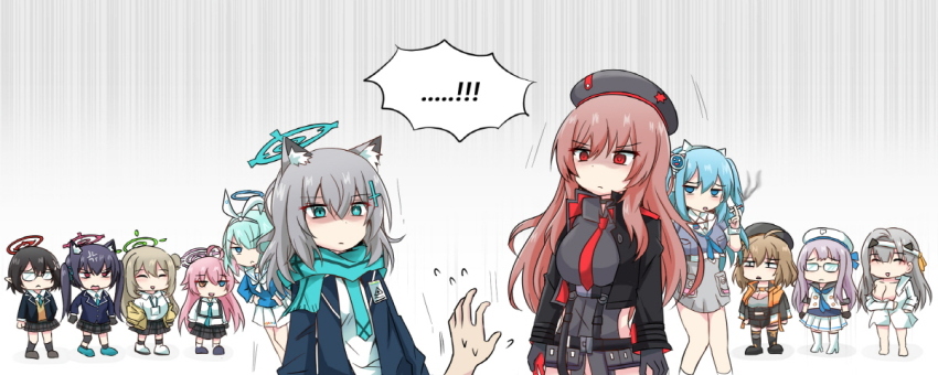 1other 6+girls anger_vein angry animal_ears arona_(blue_archive) ayane_(blue_archive) blue_archive cat_ears cat_girl character_request cigarette commander_(nikke) cyberdemon_no3 foreclosure_task_force_(blue_archive) frown glaring glasses goddess_of_victory:_nikke halo holding holding_cigarette hoshino_(blue_archive) looking_at_viewer multiple_girls nonomi_(blue_archive) rapi_(nikke) scowl sensei_(blue_archive) serika_(blue_archive) shaded_face shiroko_(blue_archive) sweatdrop wolf_ears wolf_girl