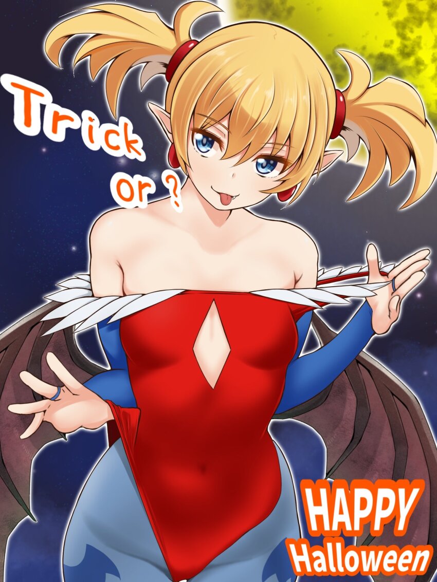 1girl arcana_heart bat_wings blonde_hair blue_eyes breasts capcom clothes_pull cosplay darkstalkers demon_girl fang fingerless_gloves gloves halloween highres legs leotard lilica_felchenerow lilith_(darkstalkers) lilith_(darkstalkers)_(cosplay) looking_at_viewer medium_breasts moon naughty_face night pointy_ears pulling_own_clothes smile solo teasing thighs tongue tongue_out twintails wide_hips wings