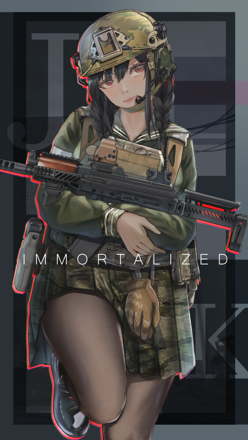 absurdres aks-74u assault_rifle black_hair black_pantyhose braid brown_serafuku bulletproof_vest camouflage camouflage_gloves camouflage_headwear camouflage_sailor_collar camouflage_skirt dress_shoes ear_protection earmuffs earphones eotech eyelashes folding_stock foregrip gloves gun handgun helmet highres holding holding_gun holding_weapon holster hongsir kalashnikov_rifle long_sleeves looking_at_viewer military military_combat_uniform military_uniform original pantyhose pleated_skirt reflex_sight rifle school_uniform serafuku skirt smile standing standing_on_one_leg twin_braids weapon woodland_camouflage