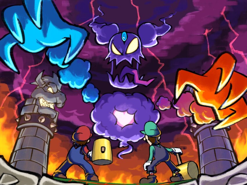 2boys big_nose blue_overalls boots bowser_logo brothers brown_footwear brown_hair cackletta cackletta_soul cloud cloudy_sky facial_hair fire gloves green_headwear green_shirt hammer hat highres holding holding_hammer lightning luigi mario mario_&amp;_luigi:_superstar_saga mario_&amp;_luigi_rpg mario_(series) masanori_sato_(style) multiple_boys mustache nintendo official_style overalls plumber red_headwear red_overalls red_shirt shirt short_hair siblings sky socks striped_clothes striped_socks tongue tongue_out white_gloves ya_mari_6363