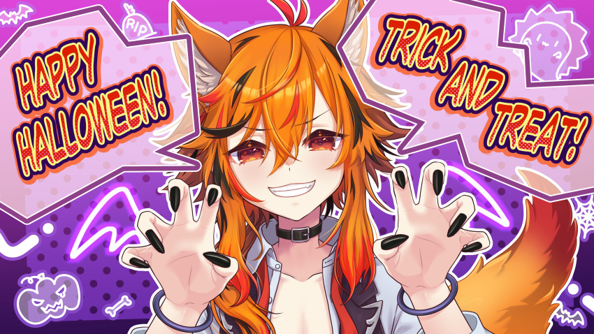1girl absurdres animal_ears belt belt_collar black_belt black_hair black_nails black_vest bracelet claw_pose collar collarbone fingernails fox_ears fox_girl fox_tail grin hair_between_eyes happy_halloween highres jewelry kazami_kuku kemonomimi_mode large_variant_set long_bangs long_hair looking_at_viewer multicolored_hair nail_polish nanashi_inc. open_clothes open_shirt open_vest orange_eyes orange_hair purple_background red_hair reona_kfc02 shirt smile solo tail trick_or_treat upper_body v-shaped_eyebrows variant_set vest virtual_youtuber white_shirt