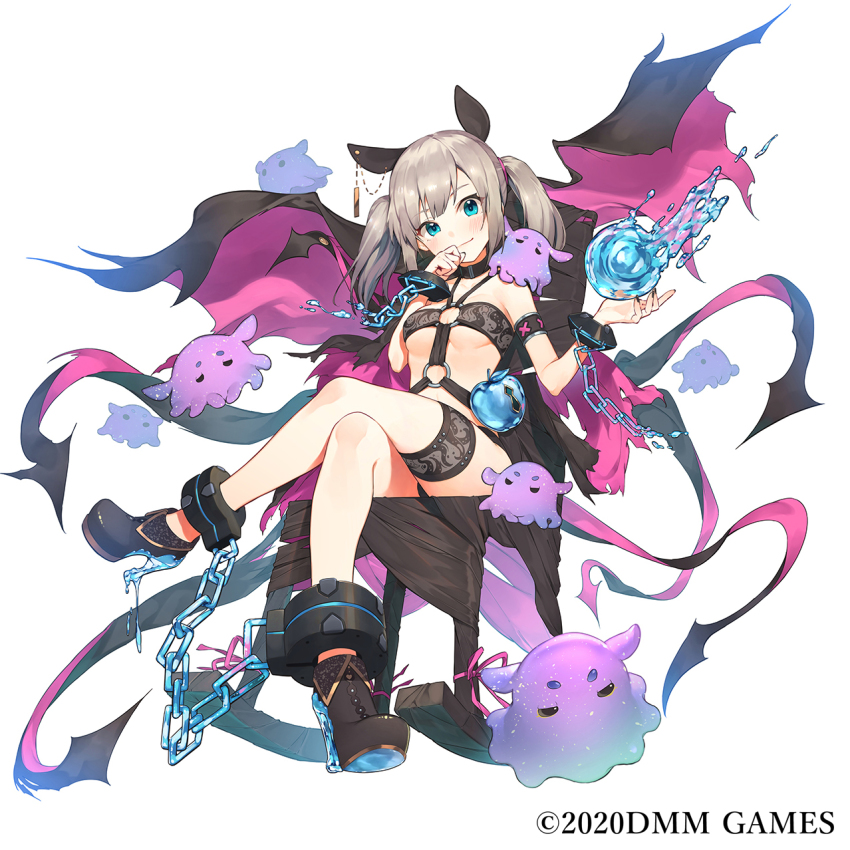 1girl animal_ears apple armlet black_footwear black_nails blue_eyes blush breasts broken broken_chain cape chain chair choker cleavage closed_mouth creature creature_on_shoulder crossed_legs crystal crystal_apple cuffs dripping fingernails floating food fruit gemini_seed grey_hair high_heels highres ice jewelry kotoribako medium_hair nail_polish o-ring official_art on_shoulder rocking_chair shackles simple_background sitting smile thigh_strap torn torn_cape torn_clothes transparent twintails water white_background
