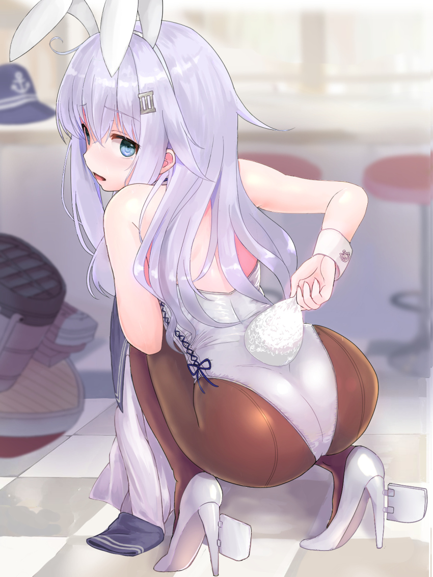 1girl animal_ears ass back bare_shoulders blue_eyes blush detached_collar em_s fake_animal_ears grey_hair hair_between_eyes hibiki_(kancolle) highres kantai_collection leotard long_hair looking_at_viewer pantyhose playboy_bunny rabbit_ears rabbit_tail solo tail wrist_cuffs