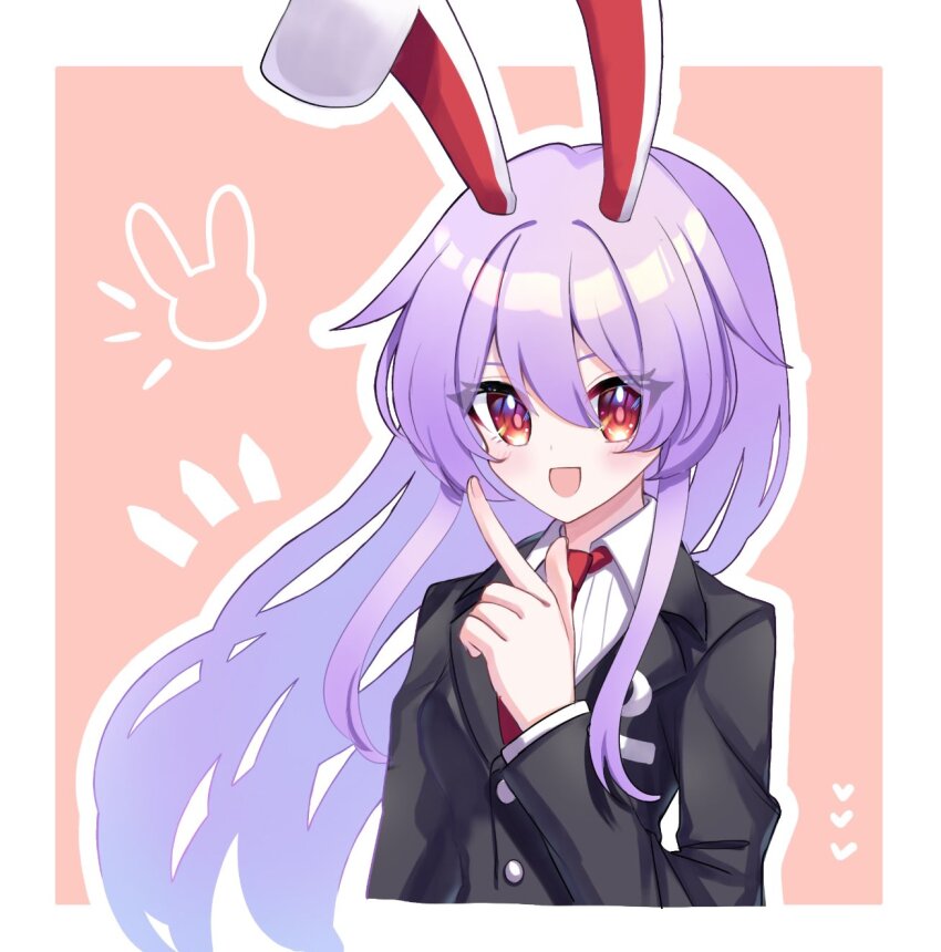 1girl animal_ears black_jacket blazer bloom_mfmf border breast_pocket bullet buttons collared_jacket collared_shirt crescent crescent_pin dot_nose eyes_visible_through_hair finger_gun fingernails floppy_ears hair_between_eyes highres jacket lapel_pin lapels layered_sleeves light_blush long_hair long_sleeves necktie notched_lapels open_mouth orange_background outline outside_border pocket purple_hair rabbit_ears red_eyes red_necktie reisen_udongein_inaba shirt sidelocks smile solo touhou tsurime upper_body very_long_hair white_border white_outline white_shirt