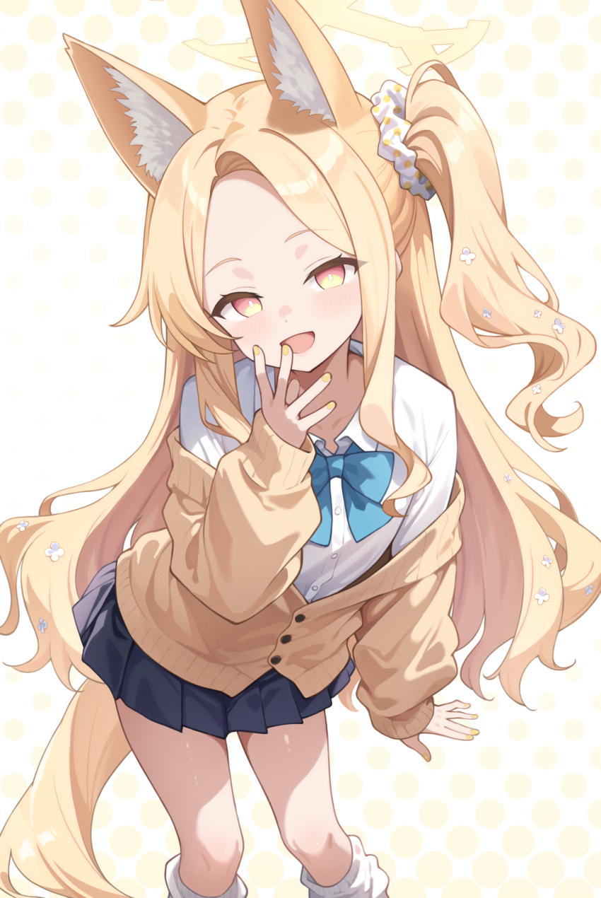 1girl alternate_costume animal_ears arm_at_side black_skirt blonde_hair blue_archive blue_bow blue_bowtie bow bowtie cardigan commentary_request dress_shirt feet_out_of_frame forehead fox_ears fox_tail highres leaning_forward long_hair long_sleeves looking_at_viewer loose_socks miniskirt multicolored_eyes open_mouth pleated_skirt polka_dot polka_dot_background school_uniform seia_(blue_archive) shirt skirt smile socks solo sonao tail two-tone_eyes white_shirt white_socks yellow_cardigan yellow_eyes yellow_nails