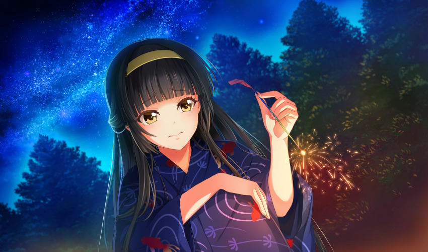 1girl black_hair blunt_bangs cinderella_series closed_mouth fireworks from_above game_cg hachigatsu_no_cinderella_nine hairband half_updo highres holding holding_fireworks japanese_clothes kimono long_hair looking_at_object night night_sky non-web_source official_art outdoors print_kimono purple_kimono senkou_hanabi sky solo sparkler squatting star_(sky) starry_sky tree tsukishima_yui_(hachigatsu_no_cinderella_nine) yellow_eyes yellow_hairband yukata