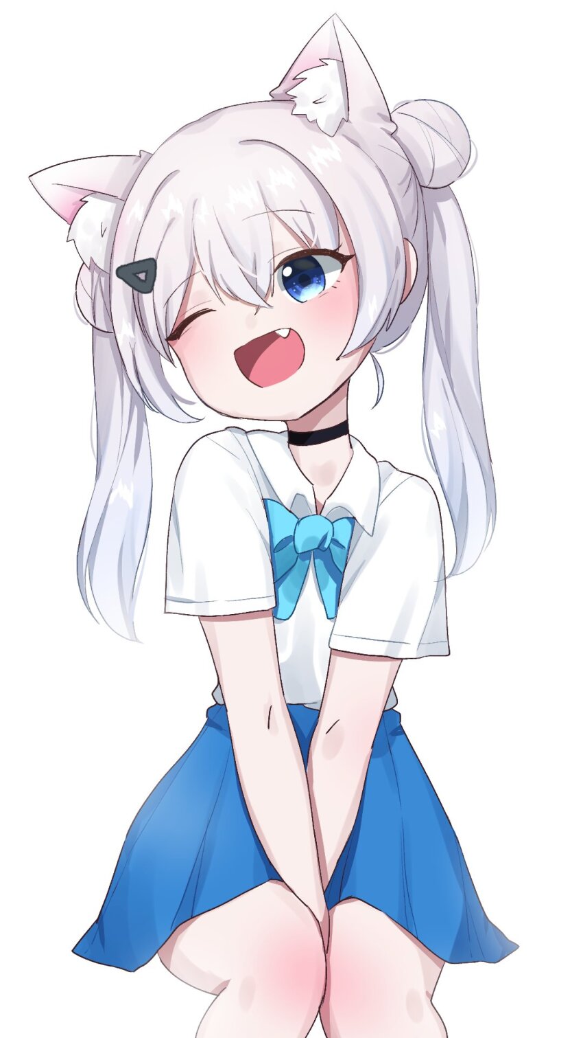 1girl :d alternate_costume animal_ear_fluff animal_ears arms_between_legs black_choker blue_bow blue_bowtie blue_eyes blue_skirt blush bow bowtie chammae choker double_bun fang goddess_of_victory:_nikke hair_between_eyes hair_bun hair_ornament hairclip highres long_hair n102_(miracle_fairy)_(nikke) n102_(nikke) one_eye_closed open_mouth shirt short_twintails simple_background skirt smile solo twintails white_background white_hair white_shirt