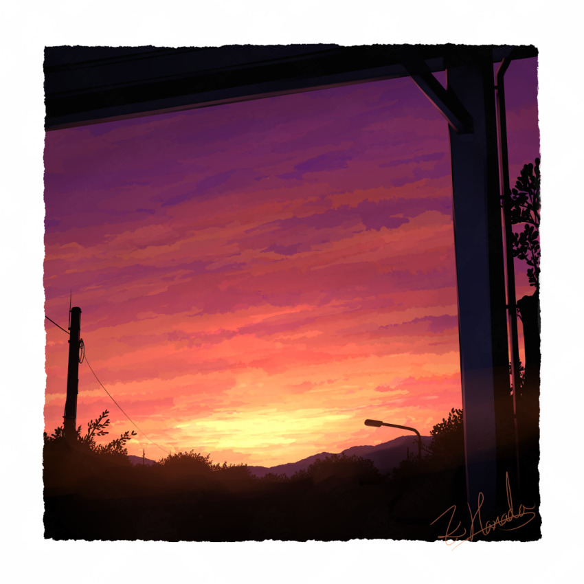 alu.m_(alpcmas) border commentary_request evening gradient_sky highres lamppost mountain no_humans orange_sky original partial_commentary purple_sky scenery signature sky sky_focus utility_pole white_border