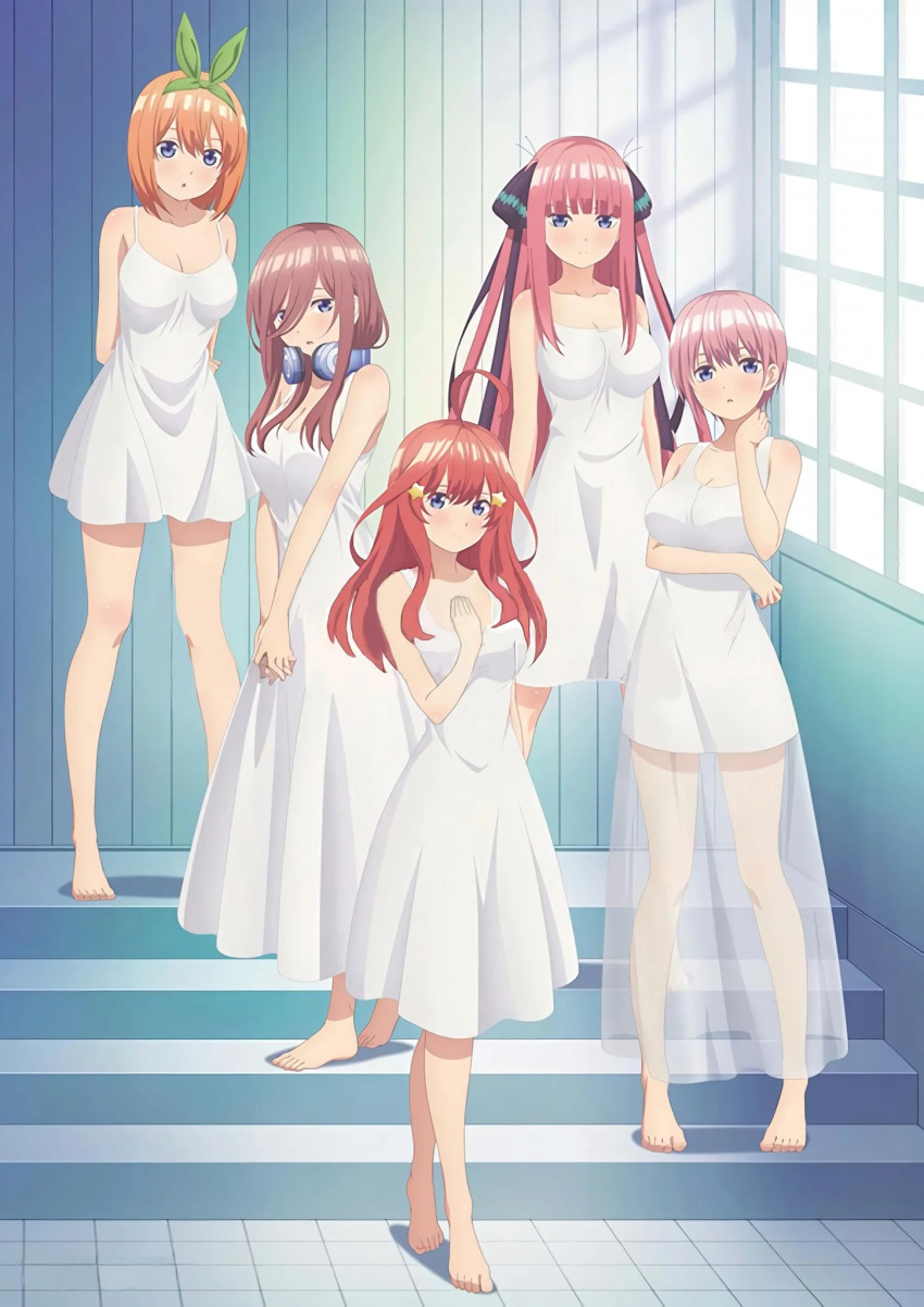 5girls absurdres ahoge arm_under_pectorals arms_behind_back bad_tag bare_legs barefoot blue_eyes blush bow breasts brown_hair butterfly_hair_ornament cleavage closed_mouth collarbone dot_nose dress feet female_focus full_body go-toubun_no_hanayome green_bow hair_between_eyes hair_bow hair_ornament hair_over_one_eye hand_on_own_neck headphones headphones_around_neck highres indoors large_breasts legs long_dress long_hair looking_at_viewer miniskirt multiple_girls nakano_ichika nakano_itsuki nakano_miku nakano_nino nakano_yotsuba official_art open_mouth orange_hair pencil_skirt pink_hair quintuplets red_hair scan see-through_clothes see-through_dress see-through_skirt see-through_skirt_layer short_hair siblings sisters skirt sleeveless stairs star_(symbol) star_hair_ornament thighs toes twintails very_long_hair white_dress white_skirt window