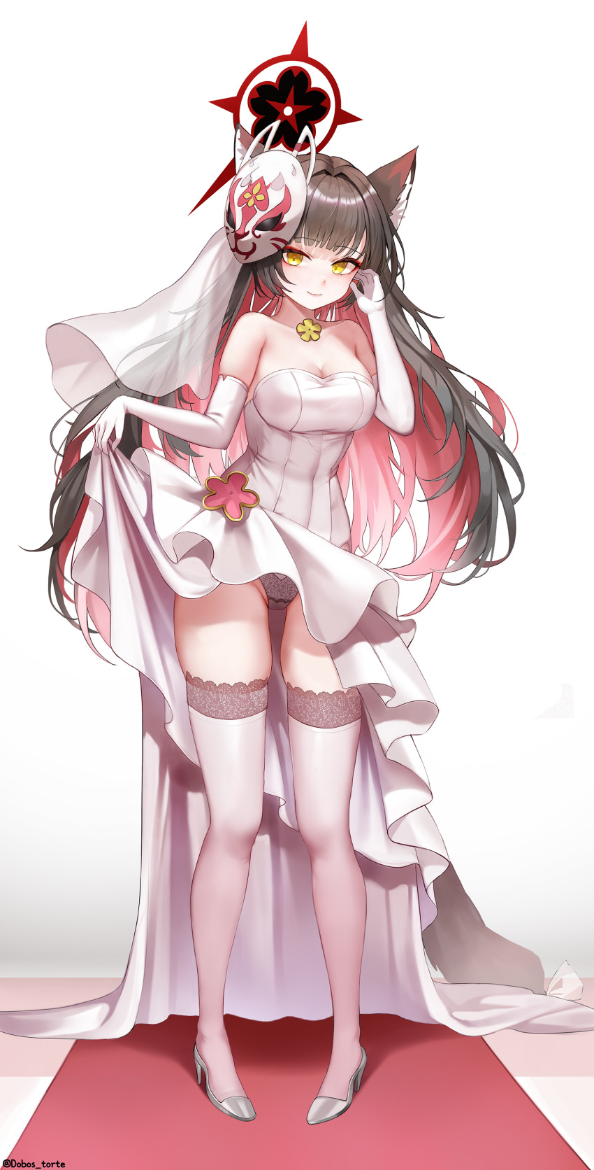 1girl absurdres animal_ears bare_shoulders black_halo blue_archive blush bow breasts brown_hair cleavage clothes_lift dobostorte dress dress_lift elbow_gloves eyeshadow flower_ornament fox_ears fox_girl fox_mask fox_tail full_body gloves groin halo hand_on_own_face high_heels highres lifting_own_clothes long_hair looking_at_viewer makeup mask mask_on_head medium_breasts multicolored_hair panties red_eyeshadow red_hair red_halo see-through_clothes see-through_veil skindentation sleeveless sleeveless_dress smile solo standing tail tail_bow tail_ornament thighhighs thighs two-tone_hair underwear veil very_long_hair wakamo_(blue_archive) wedding_dress white_bow white_dress white_gloves white_veil yellow_eyes