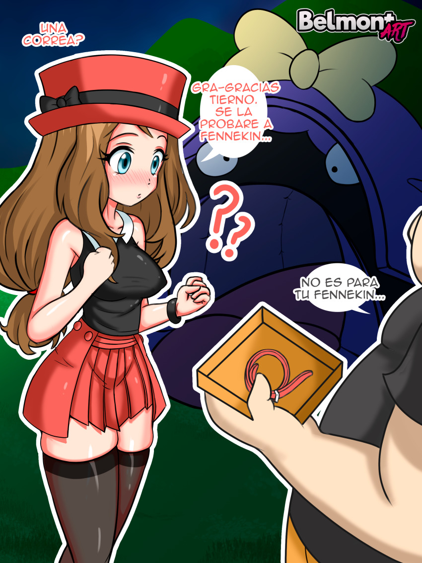 1boy 1girl ? ?? absurdres belmont_art belt black_thighhighs blue_eyes blush breasts brown_hair fat fat_man feet_out_of_frame gen_1_pokemon hat highres legs_together long_hair medium_breasts miniskirt nintendo outline pleated_skirt pokemon pokemon_(anime) pokemon_(creature) pokemon_xy_(anime) red_skirt self-upload serena_(pokemon) shellder shirt skindentation skirt sleeveless sleeveless_shirt spanish_text speech_bubble thighhighs thighs tierno_(pokemon) translated ugly_bastard white_outline zettai_ryouiki