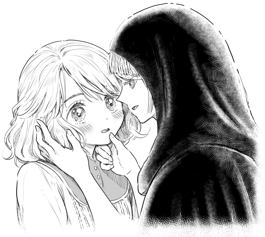 2girls blush elden_ring fia_the_deathbed_companion grabbing_another&#039;s_chin greyscale hand_on_another&#039;s_chin hood hood_up kari_(kakko_k) monochrome multiple_girls roderika_(elden_ring) white_background yuri