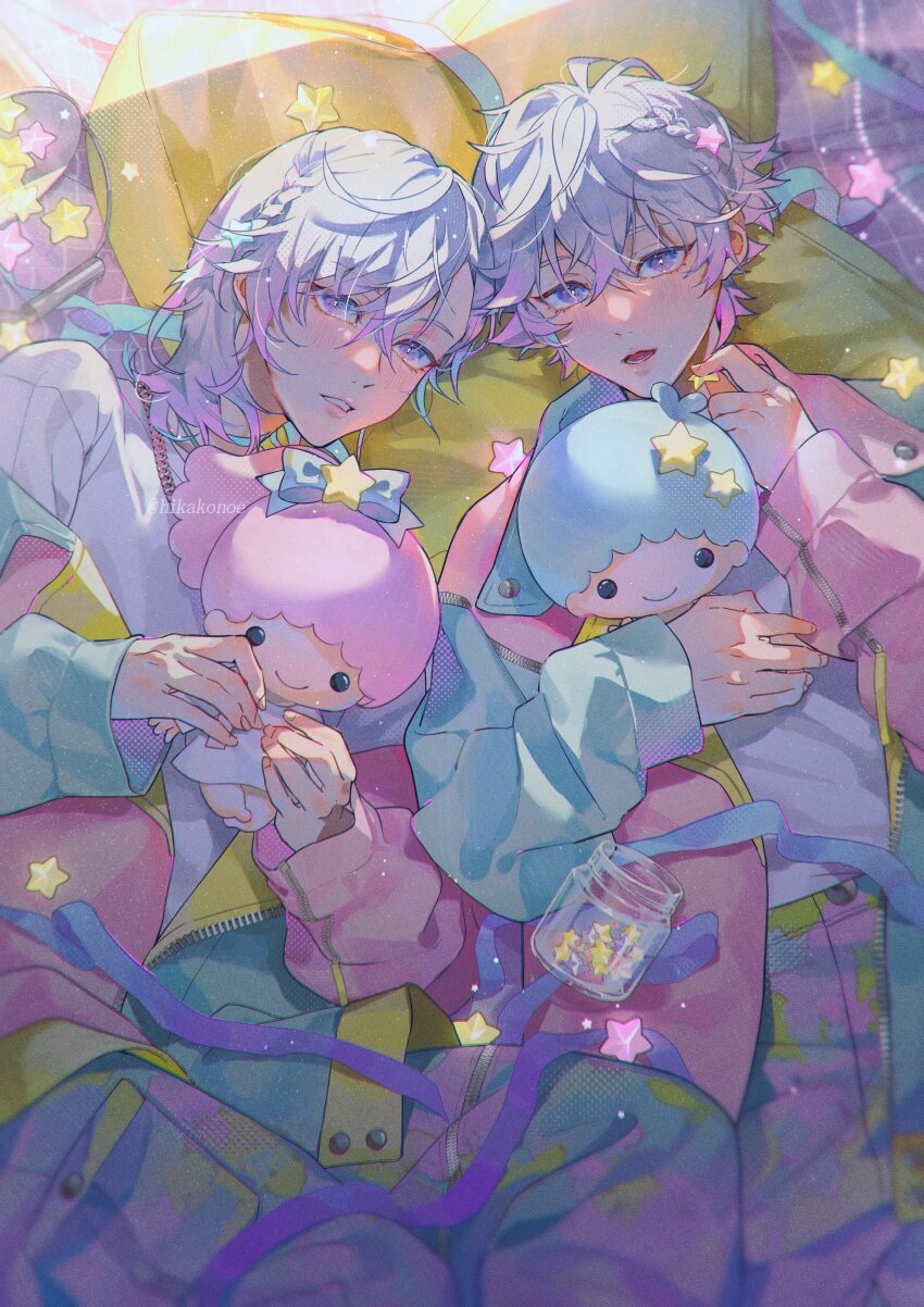 1girl 3boys absurdres aqua_hair blue_hair brother_and_sister brothers cozmez_(paradox_live) hair_ornament highres hikakonoe kiki_(little_twin_stars) lala_(little_twin_stars) little_twin_stars lying medium_hair multiple_boys on_back paradox_live pink_hair purple_eyes purple_hair sanrio short_hair siblings star_(symbol) star_hair_ornament twins yatonokami_kanata yatonokami_nayuta yume_kawaii