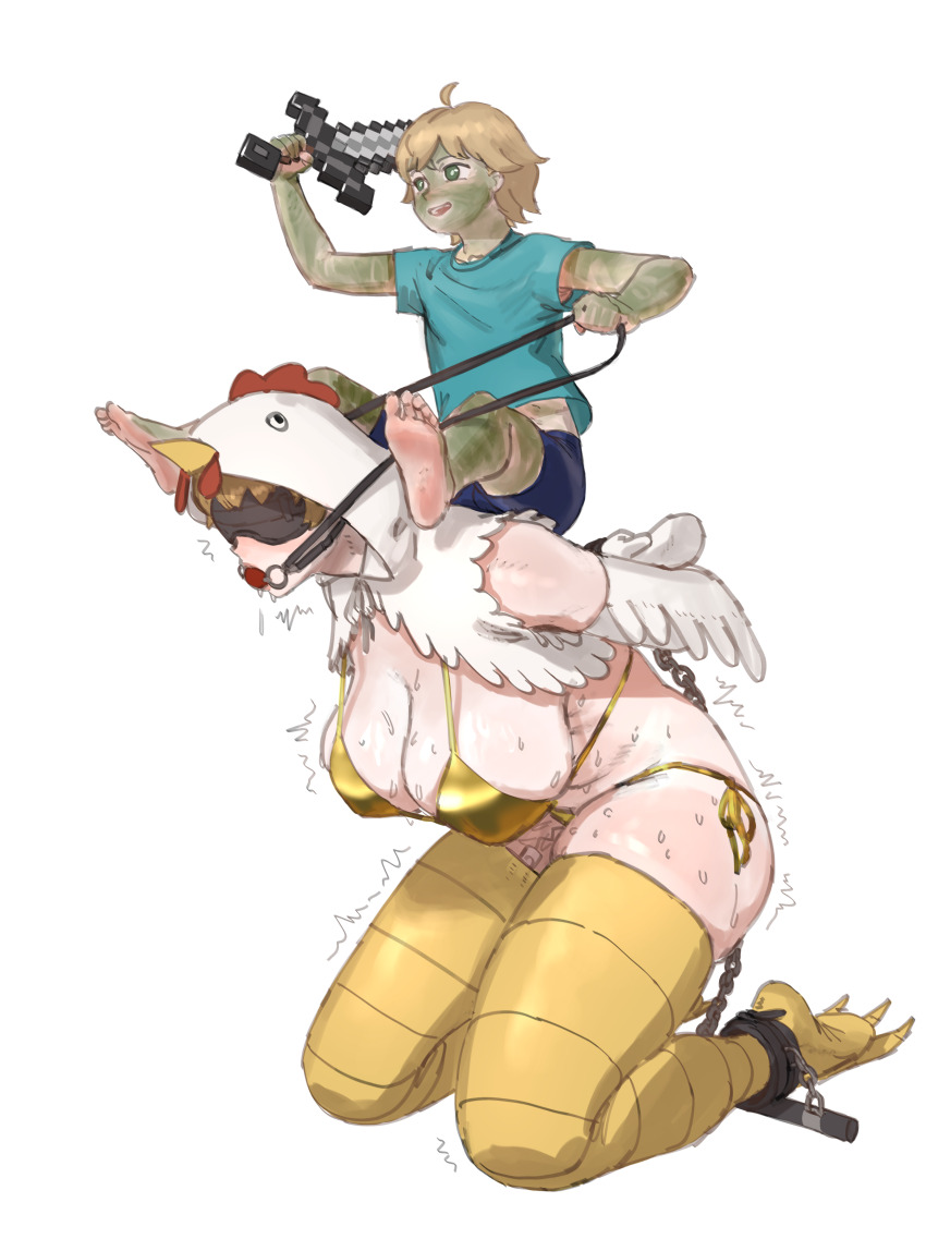 1boy 1girl absurdres age_difference animal_hood aqua_shirt arms_behind_back ball_gag barefoot bdsm bikini blindfold blue_shorts bodypaint bondage bound breasts chain chicken_costume chicken_jockey chicken_jockey_(meme) commentary cosplay cuffs english_commentary gag gagged gold_bikini green_eyes hanging_breasts highres holding holding_leash holding_sword holding_weapon hood huge_breasts kneeling leash meme minecraft minecraft_sword onee-shota pet_play remote_control_vibrator riding_person sex_toy shackles shirt short_sleeves shorts shota shotadom side-tie_bikini_bottom simple_background slave sweat swimsuit sword thighhighs trembling vibrator vibrator_in_thighhighs wass_nonnam weapon white_background yellow_thighhighs zombie_(minecraft) zombie_(minecraft)_(cosplay)