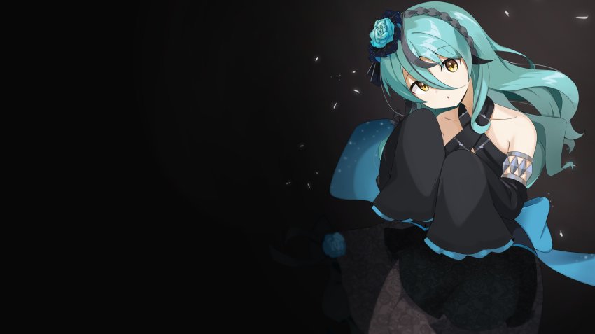 1girl :o absurdres black_background black_dress blue_flower blue_hair blue_rose collarbone detached_sleeves dress flower hair_flower hair_ornament halterneck head_tilt highres long_hair nijisanji nijisanji_kr open_mouth rose ryu_hari ryuryuyangyang sleeves_past_fingers sleeves_past_wrists solo virtual_youtuber yellow_eyes