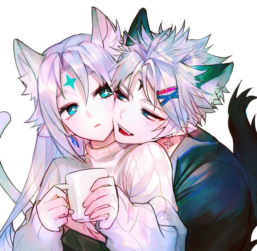 +_+ 1boy 1girl abysser_(elsword) animal_ears black_shirt blue_eyes ciel_(elsword) cup earrings elsword facial_mark forehead_mark grey_hair hair_ornament hairclip highres holding holding_cup ishtar_(elsword) jewelry long_hair long_sleeves luciela_r._sourcream mme12165 open_mouth pointy_ears shirt short_hair simple_background sweater tail teeth upper_body upper_teeth_only white_background white_sweater