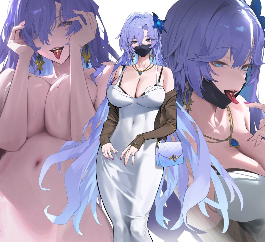 1girl :p absurdres bare_shoulders blue_eyes breasts brown_shirt cantarella_(wuthering_waves) collarbone commentary covered_navel dongtan_dress dress earrings facial_mark grey_dress hair_between_eyes highres hood_(james_x) jewelry large_breasts long_hair looking_at_viewer mark_under_eye mask meme_attire mole mole_under_eye mouth_mask multiple_views nail_polish navel necklace nude purple_hair purple_nails shirt stomach tacet_mark_(wuthering_waves) tongue tongue_out wuthering_waves