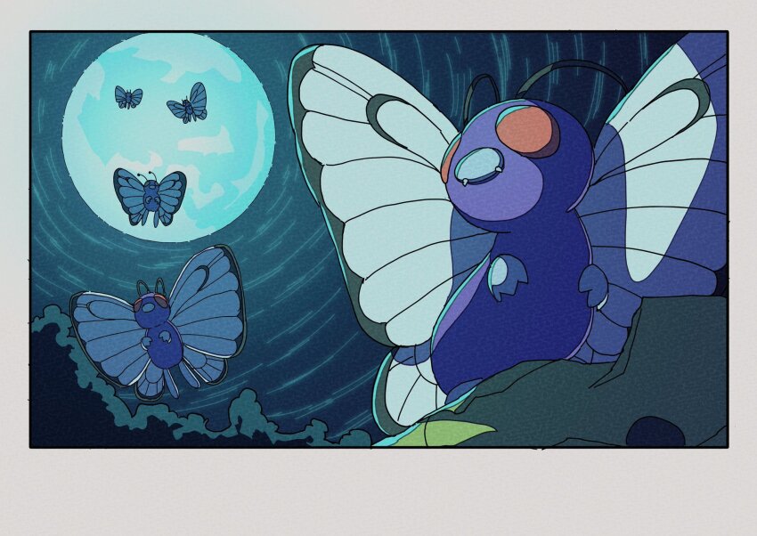 border bug butterfly butterfree flying gen_1_pokemon highres insect insect_wings metapod nintendo no_humans onamuzi_illust outdoors pokemon pokemon_(creature) red_eyes sky white_border wings