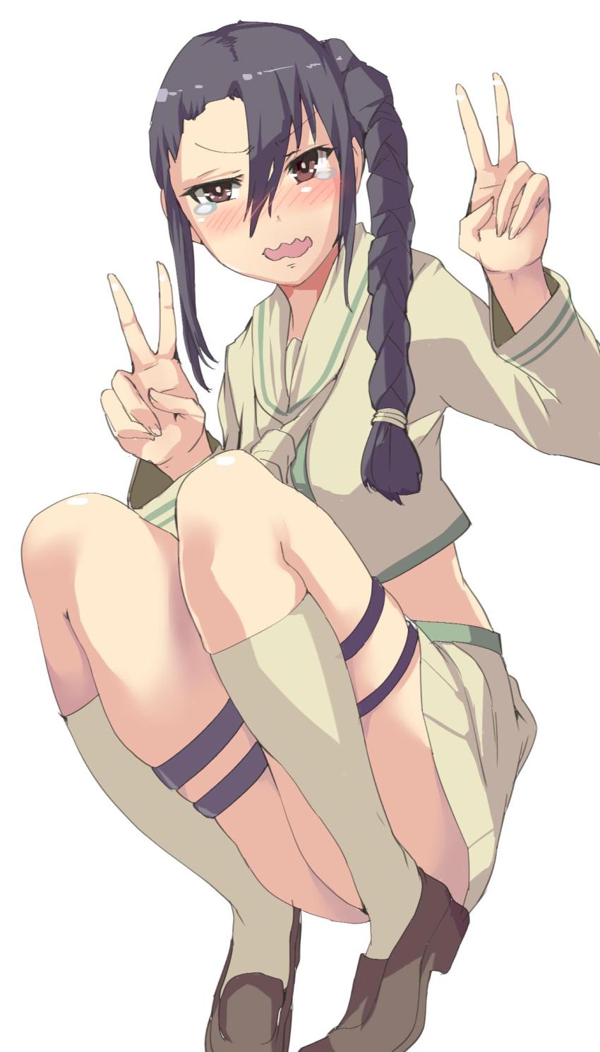 1girl alternate_costume armadillo-tokage bad_id bad_twitter_id black_hair braid cosplay double_v embarrassed female_focus hair_between_eyes highres kantai_collection kitakami_(kancolle) kitakami_(kancolle)_(cosplay) long_hair looking_at_viewer midriff miniskirt nachi_(kancolle) open_mouth remodel_(kantai_collection) school_uniform side_braid simple_background single_braid skirt skirt_set solo thighs v wavy_mouth