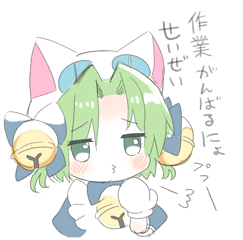 1girl animal_hat bell blush cat_hat curtained_hair dejiko di_gi_charat green_hair hair_bell hair_ornament hat highres ichigo_to_marugao jitome mittens neck_bell no_nose pursed_lips simple_background solo translation_request white_background white_mittens