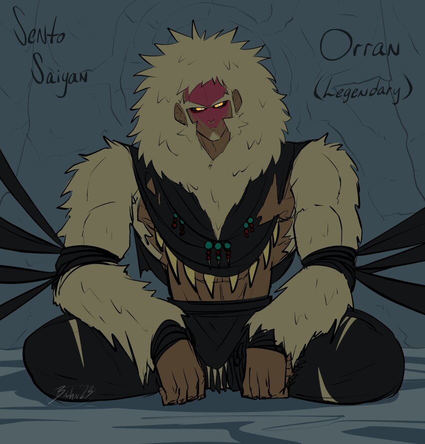 absurdres alternate_universe bahnloopi beads biceps black_pants black_sclera black_tunic body_fur broad_shoulders cave colored_sclera colored_skin dark-skinned_male dark_skin dragon_ball dragon_ball_super expressionless facial_hair goatee head_tilt highres indian_style jewelry legendary_super_saiyan long_hair looking_at_viewer muscular muscular_male necklace nose_piercing nose_ring pants piercing poncho red_skin saiyan serious sitting stone_wall super_saiyan tooth_necklace torn_clothes torn_pants tunic wall yellow_eyes yellow_fur