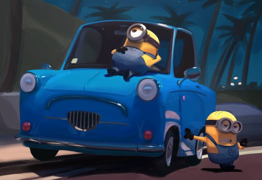 2boys black_boots black_gloves blue_car blurryclawz boots brown_eyes car colored_skin denim_overalls despicable_me despicable_me_2 gloves goggles highres looking_up lying minion_(despicable_me) motor_vehicle multiple_boys night night_sky on_back open_mouth outdoors palm_tree road sidewalk sky teeth tree yellow_skin