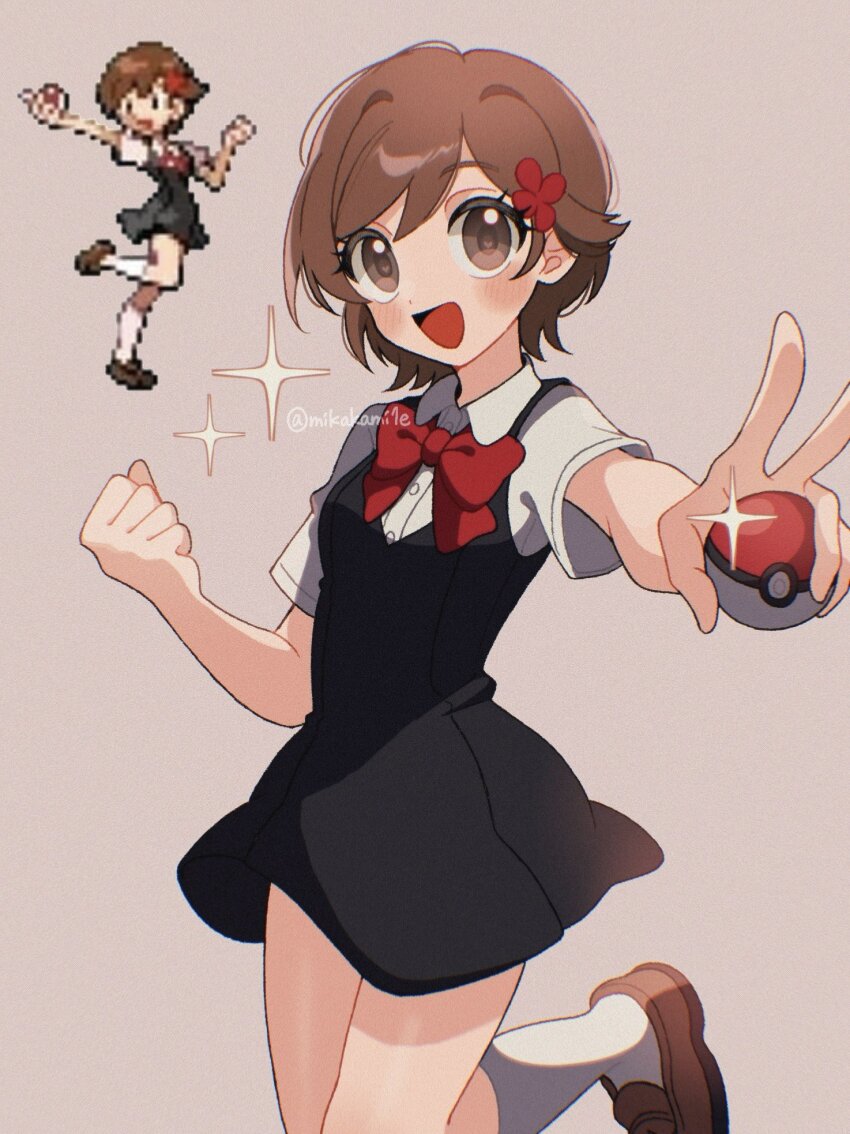 1girl black_dress blush bow brown_eyes brown_hair dress hair_bow hair_ornament highres holding holding_poke_ball lass_(pokemon) lass_(pokemon_hgss) mikakami1e nintendo open_mouth poke_ball poke_ball_(basic) pokemon pokemon_hgss red_bow ribbon school_uniform shirt short_hair smile socks solo white_shirt white_socks