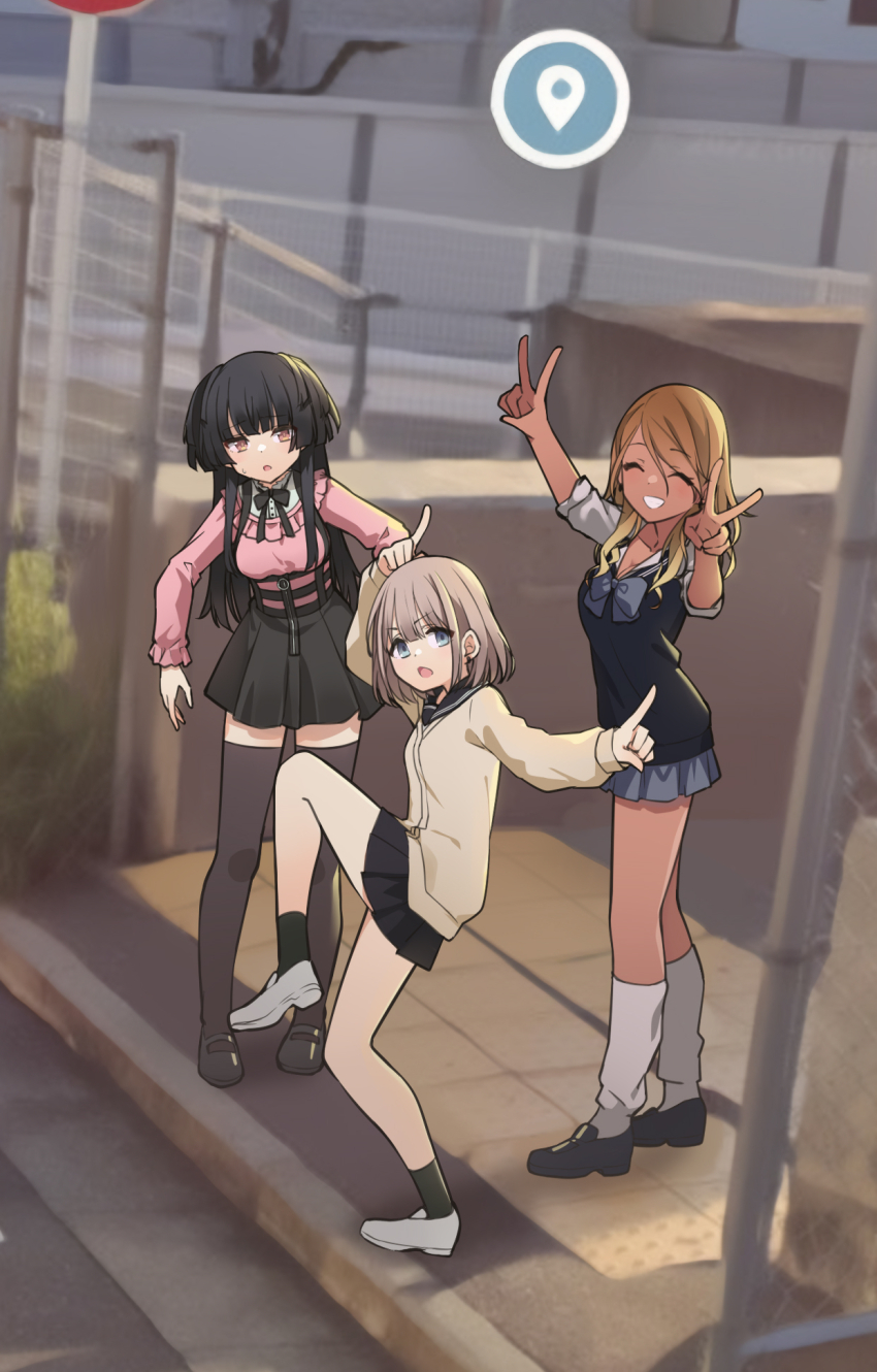 3girls :o ^_^ black_hair black_skirt black_thighhighs blush brown_hair closed_eyes dark_hound_3 double_v fate_(series) full_body google_maps grey_hair grin gyaru high_school_girls_posing_for_google_street_view_(meme) highres idolmaster idolmaster_shiny_colors izumi_mei jirai_kei kogal mayuzumi_fuyuko meme miniskirt multiple_girls outdoors photo_background pink_shirt pleated_skirt pointing serizawa_asahi shirt skirt smile standing standing_on_one_leg straylight_(idolmaster) sweatdrop thighhighs v zettai_ryouiki