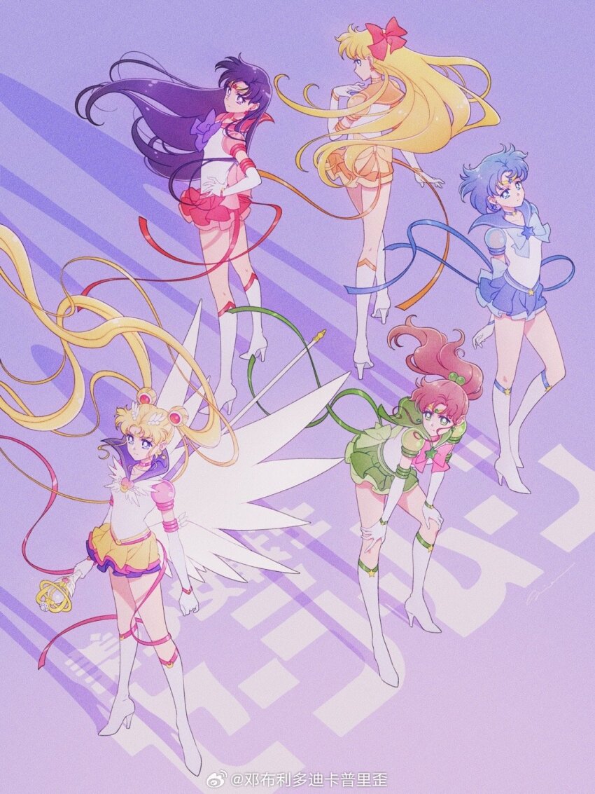 5girls aino_minako arms_behind_back back_bow bishoujo_senshi_sailor_moon bishoujo_senshi_sailor_moon_stars black_hair blonde_hair blue_choker blue_eyes blue_hair blue_sailor_collar blue_skirt boots bow brooch brown_hair chinese_commentary choker circlet commentary_request copyright_name crescent crescent_facial_mark double_bun elbow_gloves eternal_sailor_moon eternal_tiare facial_mark floating_hair from_above gloves green_choker green_eyes green_sailor_collar green_skirt hair_bow hair_bun hair_ornament hand_on_own_hip heart heart_brooch highres hino_rei holding holding_staff jewelry kino_makoto knee_boots long_hair looking_at_viewer looking_to_the_side magical_girl mizuno_ami multiple_girls orange_choker orange_sailor_collar orange_skirt pink_bow pink_choker ponytail purple_eyes red_bow red_choker red_sailor_collar red_skirt sailor_collar sailor_jupiter sailor_mars sailor_mercury sailor_moon sailor_senshi_uniform sailor_venus short_hair sidney_deng skirt spiral_heart_moon_rod staff star_(symbol) star_choker super_sailor_jupiter super_sailor_mars super_sailor_mercury super_sailor_venus tsukino_usagi twintails very_long_hair watermark weibo_username weibo_watermark white_footwear white_gloves wings yellow_skirt