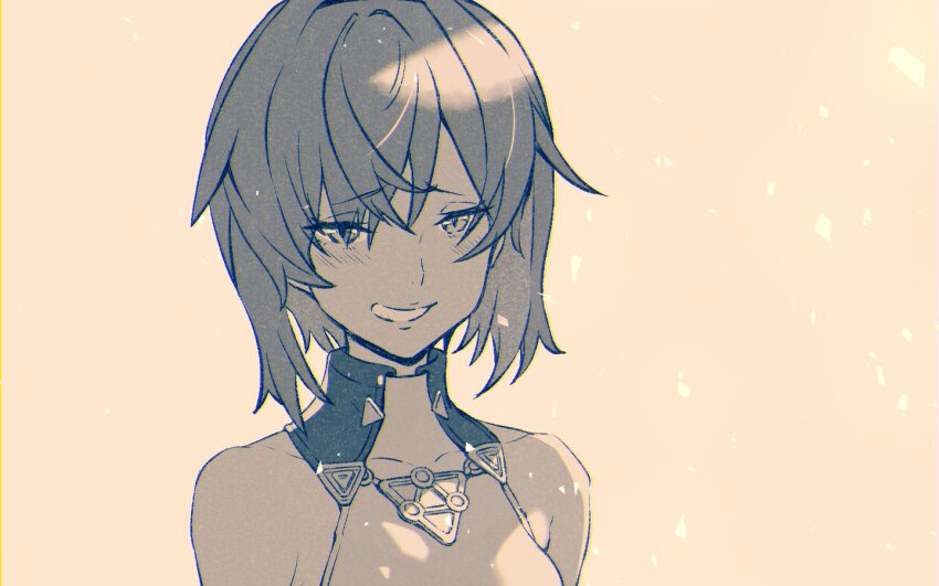 1girl ange_katrina breasts chromatic_aberration commentary_request grey_hair medium_breasts nijisanji portrait raised_inner_eyebrows sepia sleeveless small_breasts smile solo tarte_(hodarake) virtual_youtuber